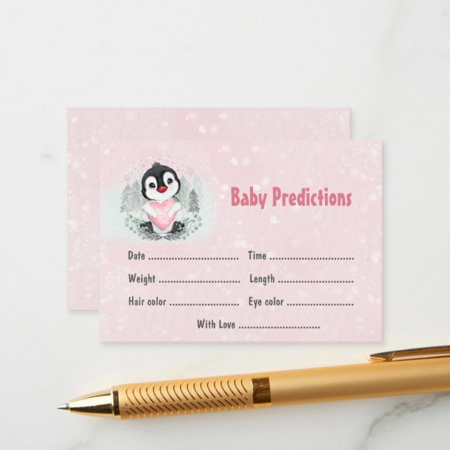 Winter Pink Penguin Baby Shower Game Predictions Enclosure Card (Front/Back In Situ)