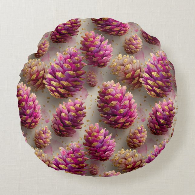 Winter Pink Pine Cones with Golden Accents Round Cushion (Front)