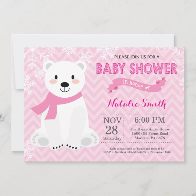 Winter Pink Polar Bear Girl Baby Shower Invitation (Front)