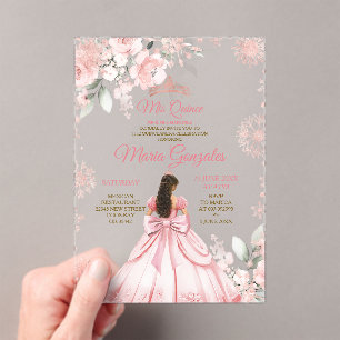 Winter Pink Rose Gold Floral Princess Mis Quince Acrylic Invitations