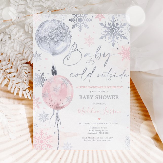 Winter Pink Silver Snowflake Baby Shower Invitation (Creator Uploaded)