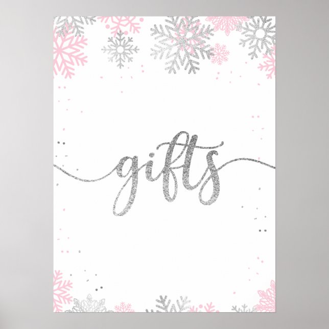 Winter Pink Silver Snowflakes Gifts Poster (Front)