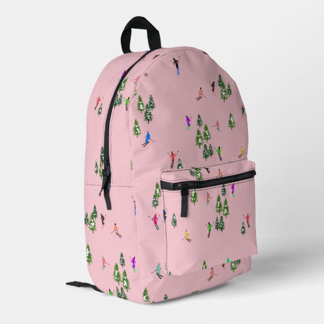 Winter Pink Skiers Ski Skiing  Printed Backpack (Back Corner Left)