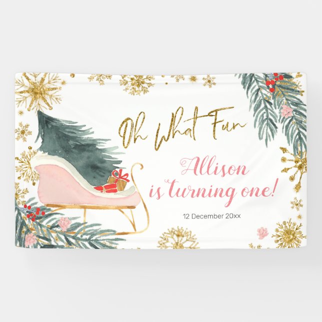 Winter Pink Sleigh Girl Birthday Banner (Horizontal)