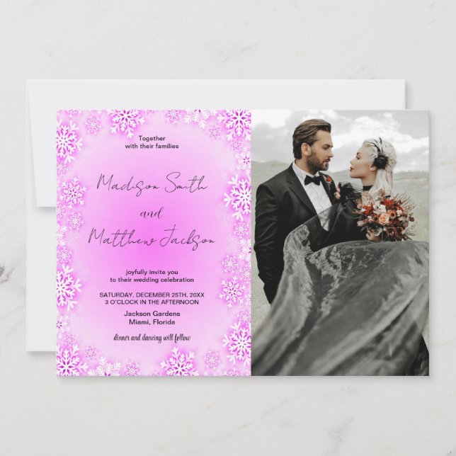 Winter Pink Snow Wedding Invitations with photo (Front)