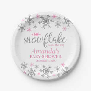 Winter Pink Snowflake Baby Shower Paper Plate