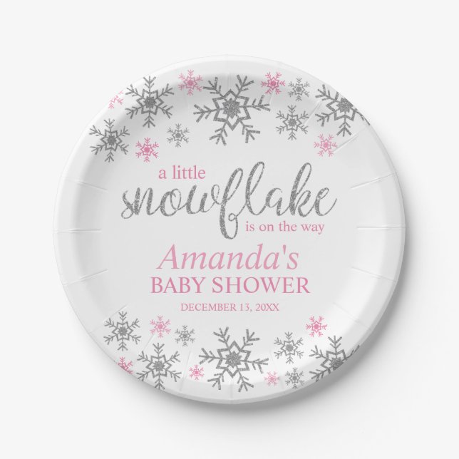 Winter Pink Snowflake Baby Shower Paper Plate (Front)