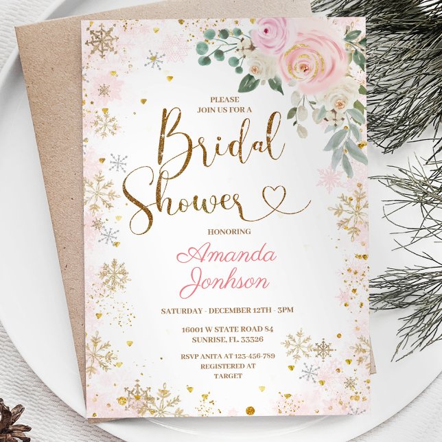 Winter Pink Snowflake Floral Bridal Shower  Invitation (Creator Uploaded)