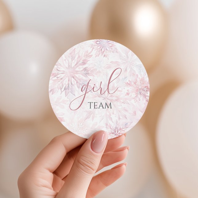 Winter Pink Snowflake Gender Reveal Team Girl Classic Round Sticker (Creator Uploaded)