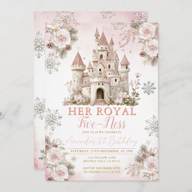 Winter Pink Snowflake Her royal fiveness Birthday Invitation (Front/Back)