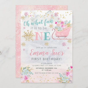 Winter Pink Snowflake Oh What fun First Birthday Invitation