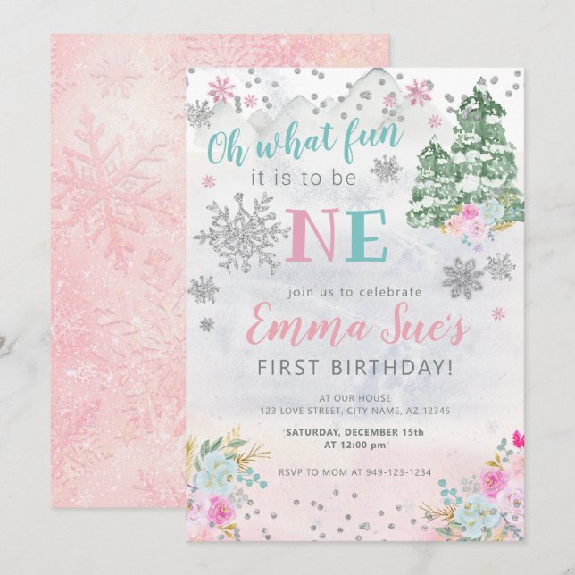 Winter Pink Snowflake Oh What fun First Birthday  Invitation (Front/Back)