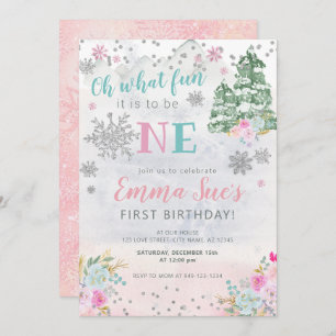 Winter Pink Snowflake Oh What fun First Birthday  Invitation