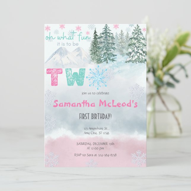 Winter Pink Snowflake Oh What fun Second Birthday  Invitation (Standing Front)