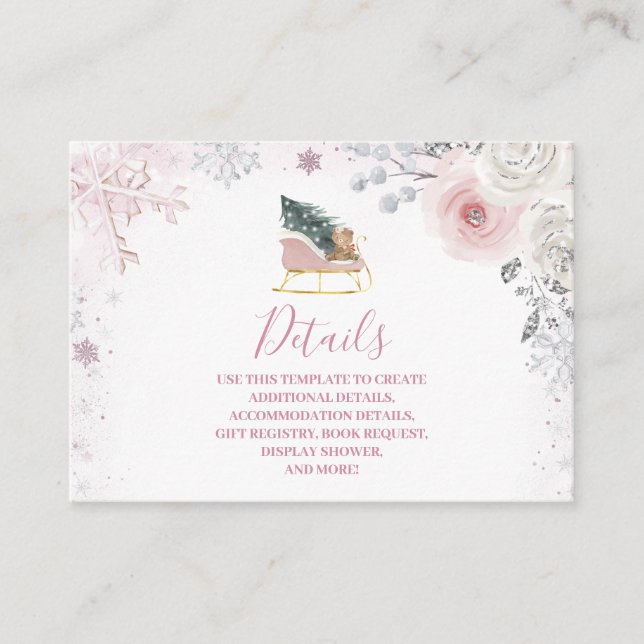 Winter Pink Snowflake Sleigh Baby Shower Details Enclosure Card (Front)