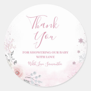 Winter Pink Snowflake Sleigh Baby Shower Thank You Classic Round Sticker