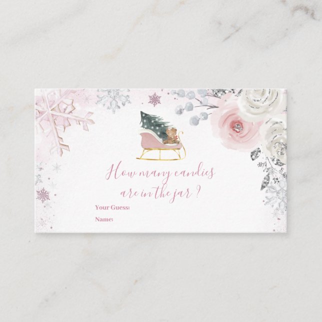 Winter Pink Snowflake Sleigh How Many Candies Enclosure Card (Front)