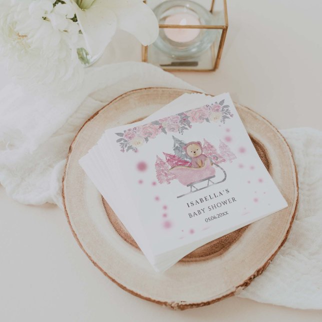 Winter Pink Teddy Bear Sleigh Girl Baby Shower Napkin (Creator Uploaded)