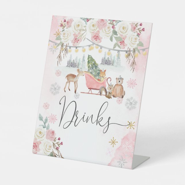 Winter Pink Woodland Animals Baby Shower Drinks Pedestal Sign (Front)
