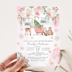 Winter Pink Woodland Animals Girl Baby Shower Invitation