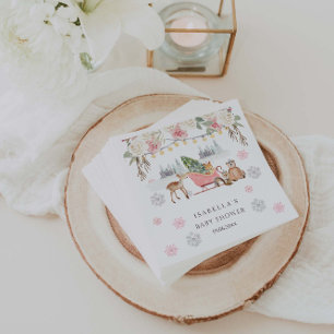 Winter Pink Woodland Animals Girl Baby Shower  Napkin