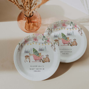 Winter Pink Woodland Animals Girl Baby Shower Paper Plate