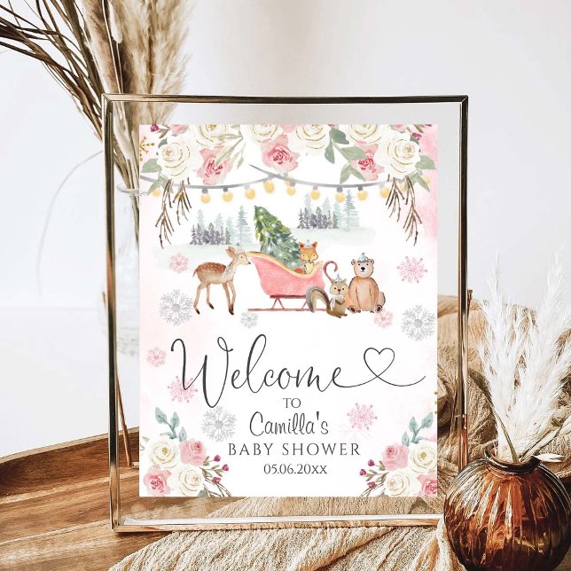Winter Pink Woodland Animals Girl Baby Shower Poster (Creator Uploaded)