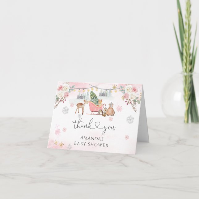 Winter Pink Woodland Animals Girl Baby Shower  Thank You Card (Front)