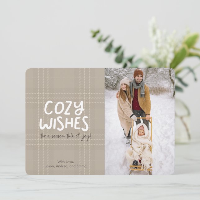 Winter Plaid Cosy Wishes Christmas Card (Standing Front)