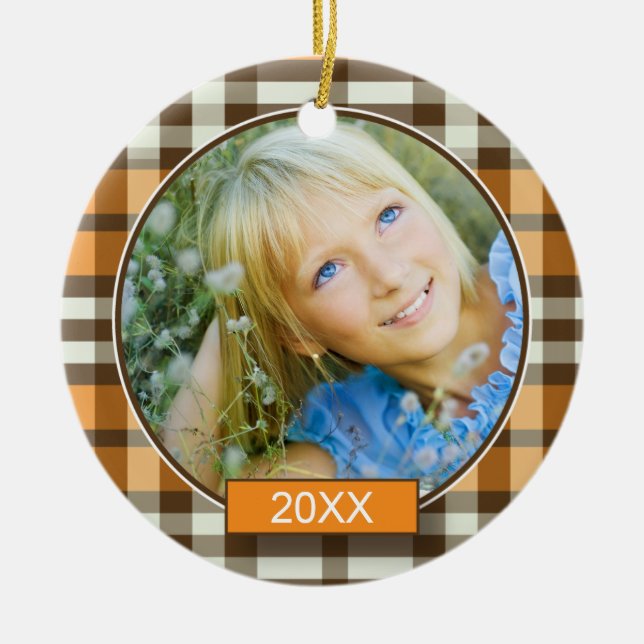 Winter Plaid Custom Christmas Ornament (orange) (Front)