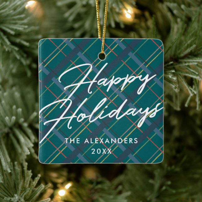 Winter Plaid Happy Holidays Ornament - Green (Tree)