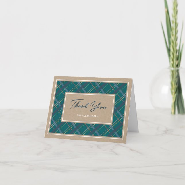 Winter Plaid Holiday Party Thank You Card - Green (Front)