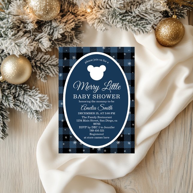 Winter Plaid Merry Little Baby Shower Blue Invitation (Creator Uploaded)
