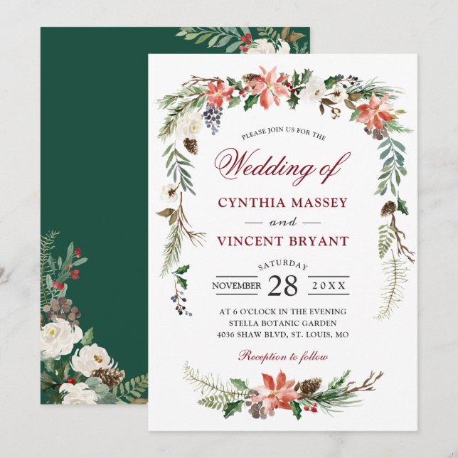 Winter Poinsettia Botanical Floral Arch Wedding Invitation (Front/Back)
