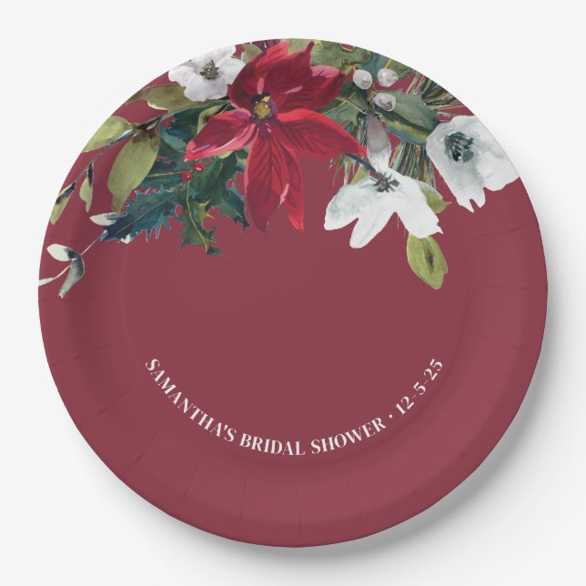  Winter Poinsettia Bridal Shower  Paper Plate (Front)