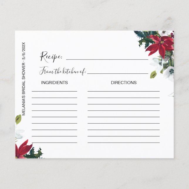 Winter Poinsettia Bridal Shower Recipe Cards  (Front)