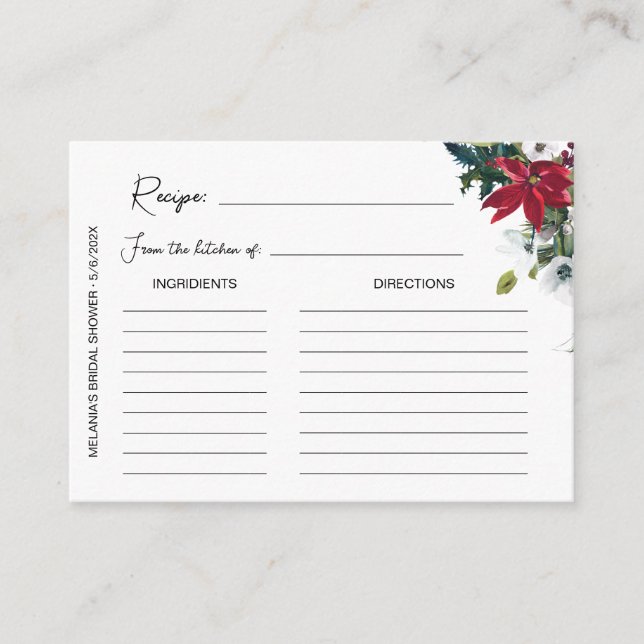 Winter Poinsettia Bridal Shower Recipe Cards  (Front)