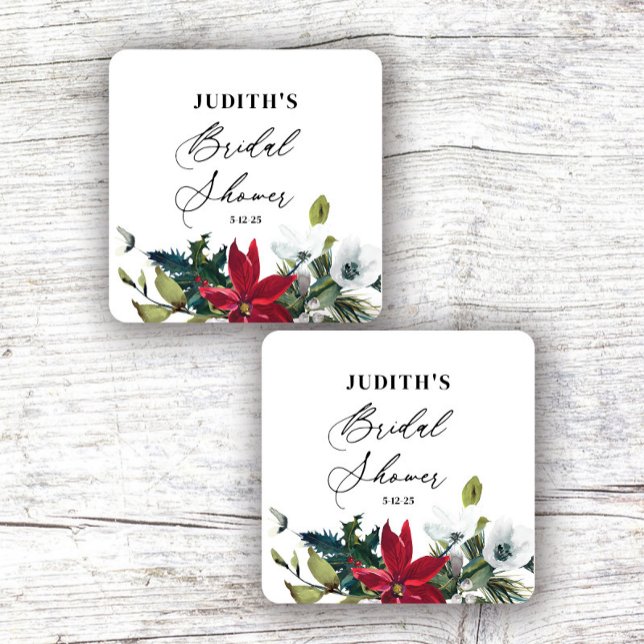  Winter Poinsettia Bridal Shower  Square Sticker (Creator Uploaded)