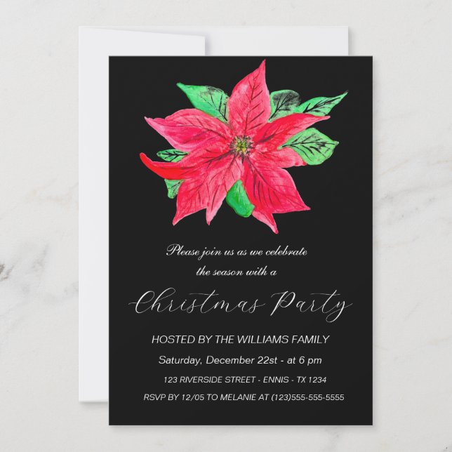 Winter Poinsettia Christmas Party Watercolor  Holiday Card (Front)