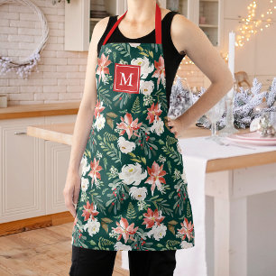 Winter Poinsettia Floral Pattern Green Monogram Apron