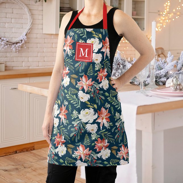 Winter Poinsettia Floral Pattern Navy Monogram Apron (Creator Uploaded)