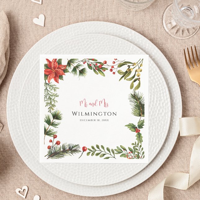 Winter Poinsettia Greenery Floral Wedding Paper Napkin (Christmas Greenery Red Berries Script Wedding Reception Paper Napkin)