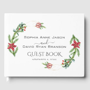 Winter Poinsettia Pine Berry Christmas Wedding Guest Book
