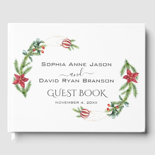 Winter Poinsettia Pine Berry Christmas Wedding Guest Book (Front)