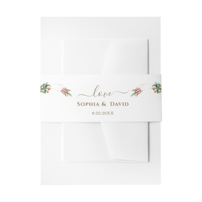 Winter Poinsettia Pine Berry Christmas Wedding Invitation Belly Band (Front Example)