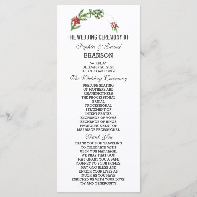 Winter Poinsettia Pine Berry Christmas Wedding Programme (Front)