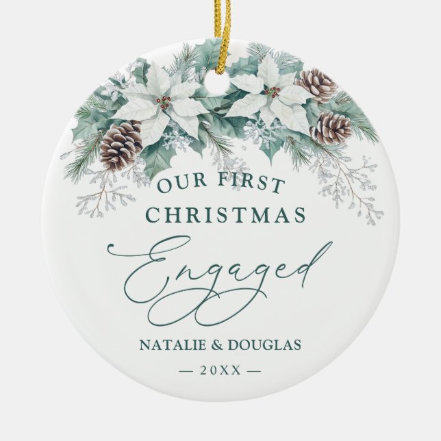 Winter Poinsettia Pine Our 1st Christmas Engaged Ceramic Tree Decoration (Front)