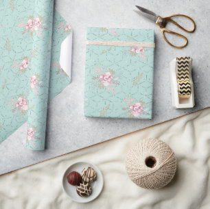 Winter Poinsettia Pink Green Pastel Christmas Wrapping Paper