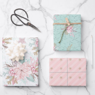Winter Poinsettia Pink Green Pastel Christmas Wrapping Paper Sheet