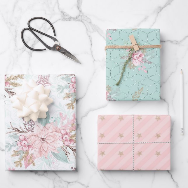 Winter Poinsettia Pink Green Pastel Christmas Wrapping Paper Sheet (Front)
